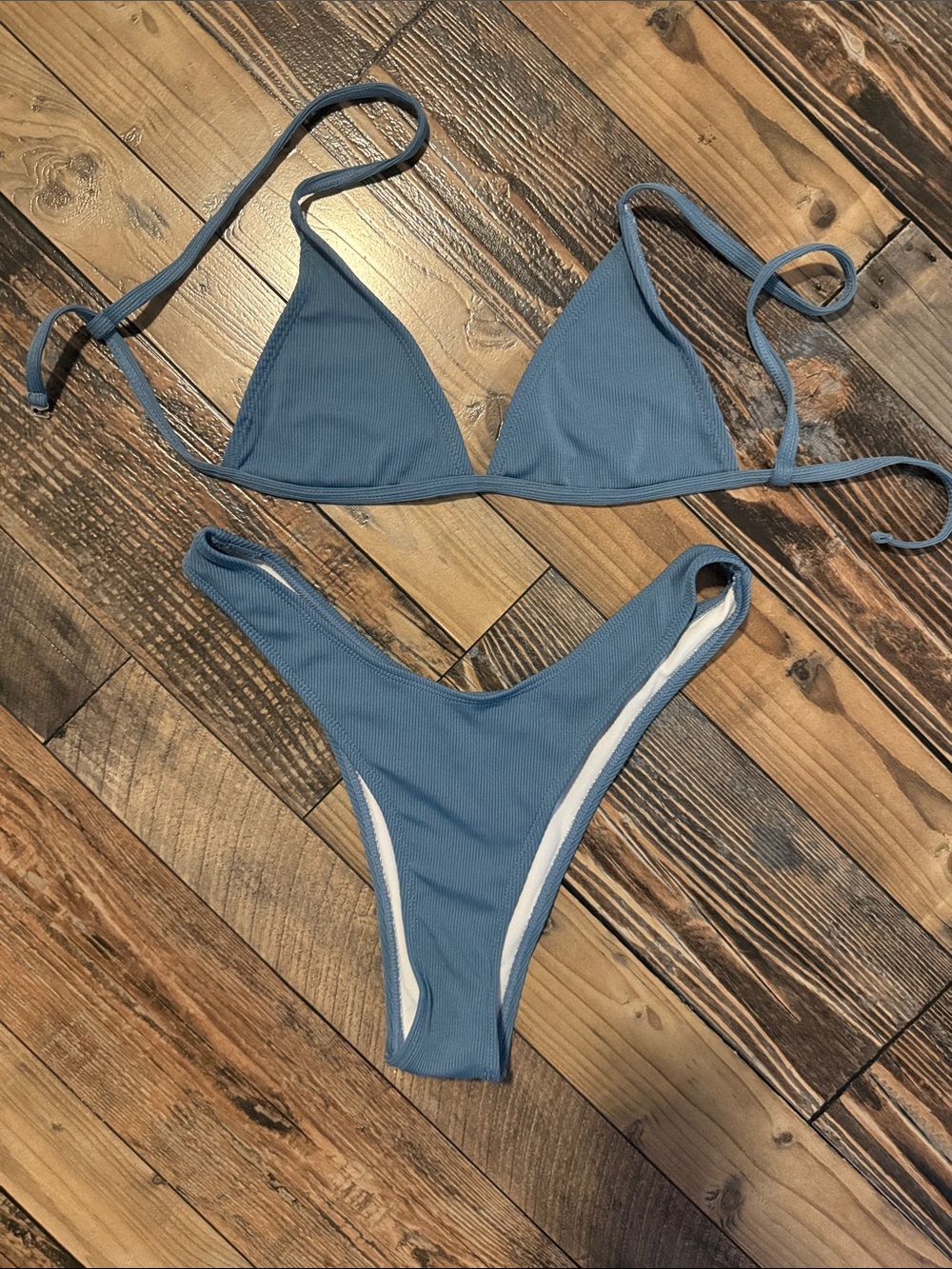 Blue Women's Ribbed Triangle Bikini Set XS